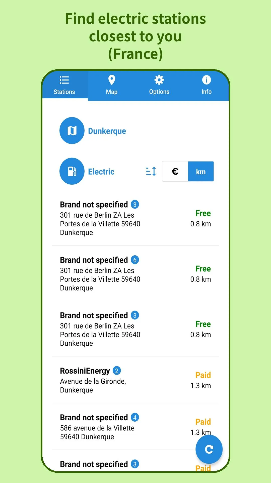 Find electric stations closest to you (France)